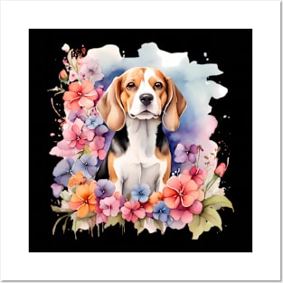 A beagle decorated with beautiful watercolor flowers Posters and Art